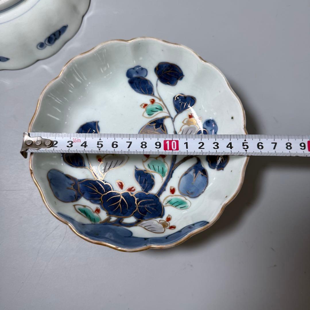 古伊万里 染錦 茄子文様菊花形皿 五客 名品 成化年製