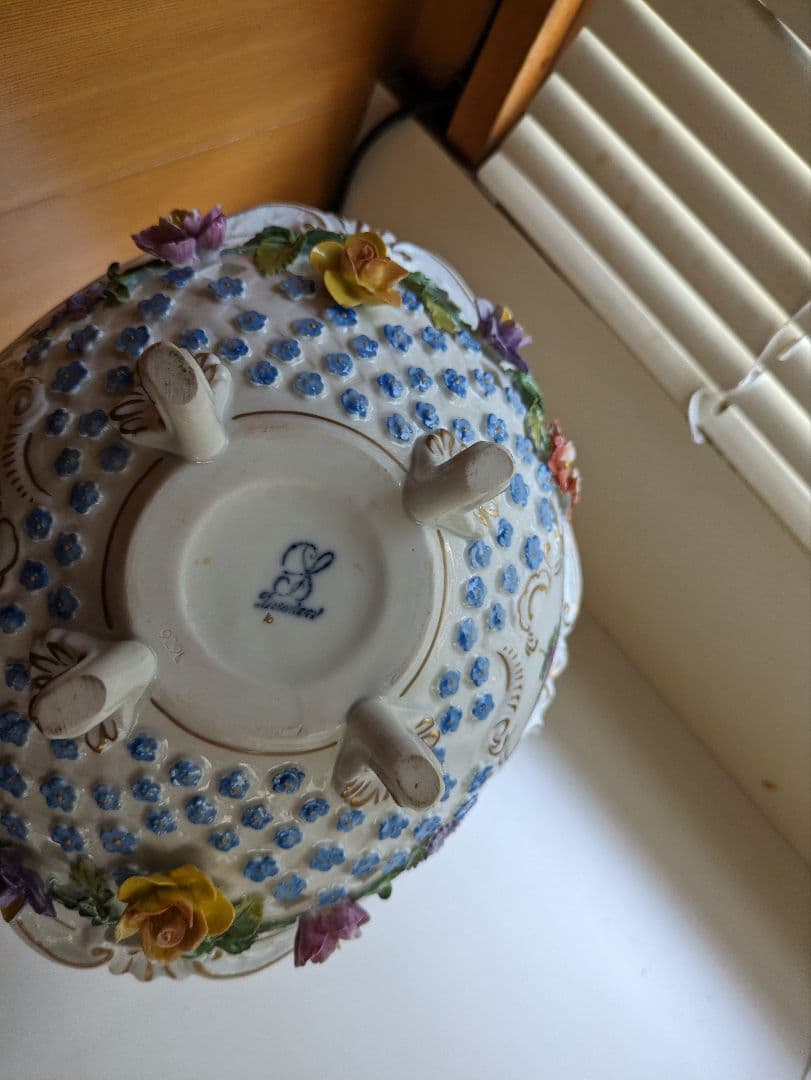 ドレスデン バスケット　花柄 透かし模様 猫足 ボウル　磁器