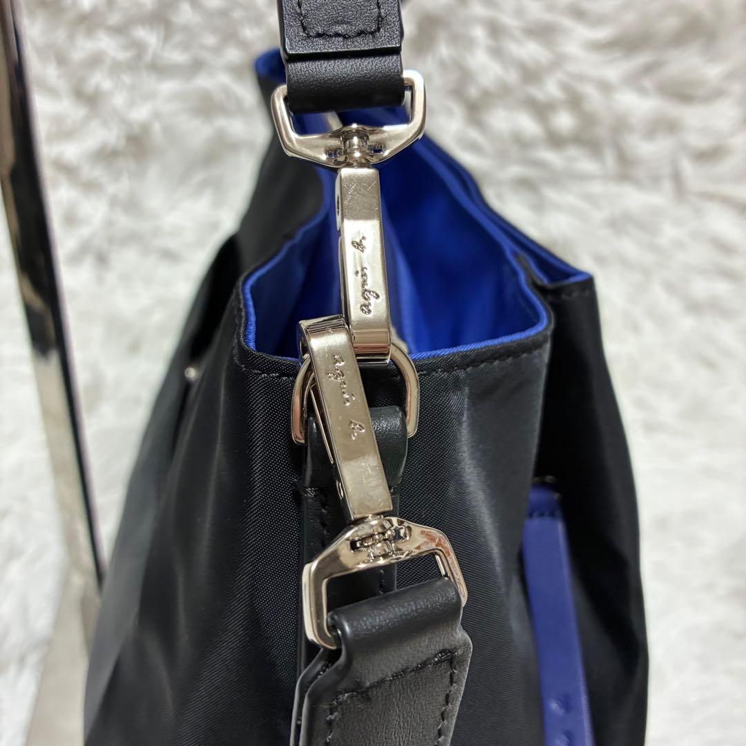 アニエスベー　2wayバッグ　ナイロン　レザー　ゴールドロゴ　ブラック×ブルー