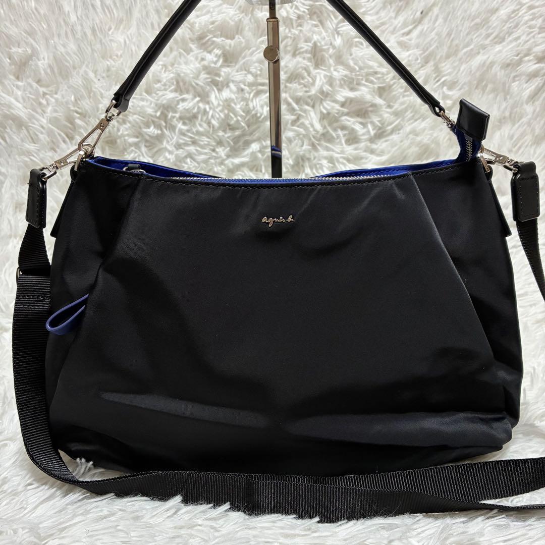 アニエスベー　2wayバッグ　ナイロン　レザー　ゴールドロゴ　ブラック×ブルー
