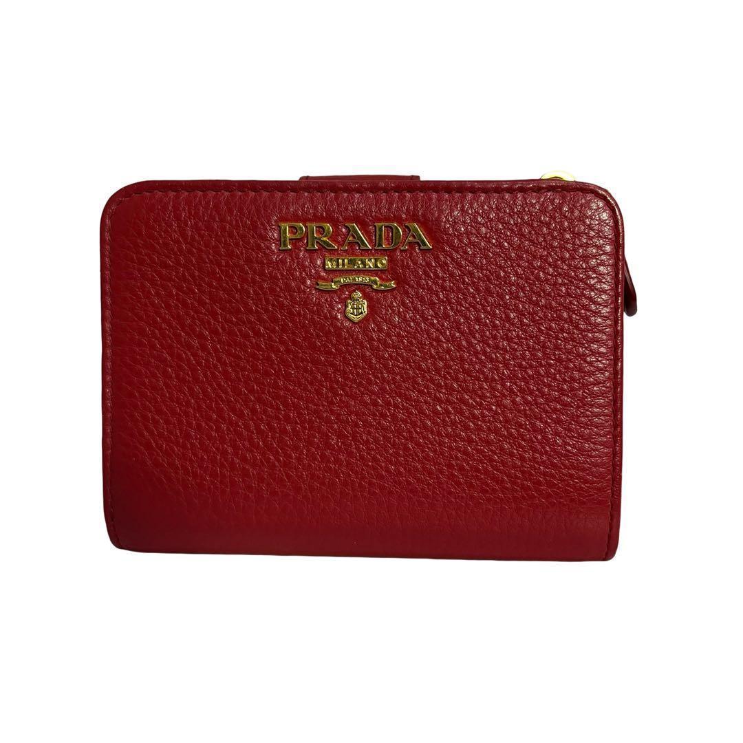 レア✨プラダ 二つ折り財布 サフィアーノレザー ロゴ金具 レッド 赤
