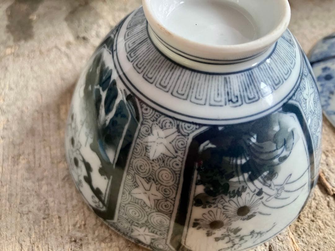 ✓古伊万里/蓋付き椀18客/染付山水画/骨董/磁器