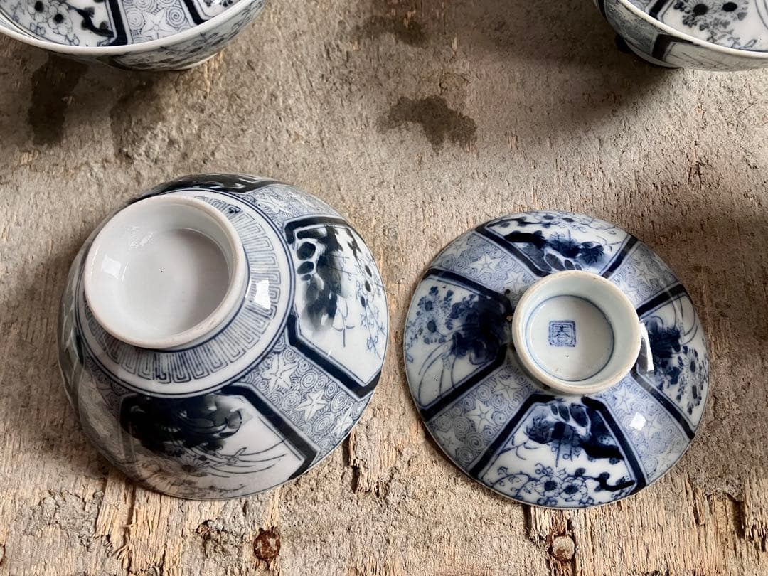 ✓古伊万里/蓋付き椀18客/染付山水画/骨董/磁器