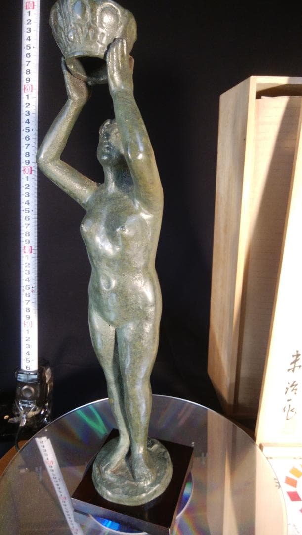 米治一作◇少女ブロンズ彫刻裸婦像【王冠】高41.5 /高岡銅器☆/鋳鉄造