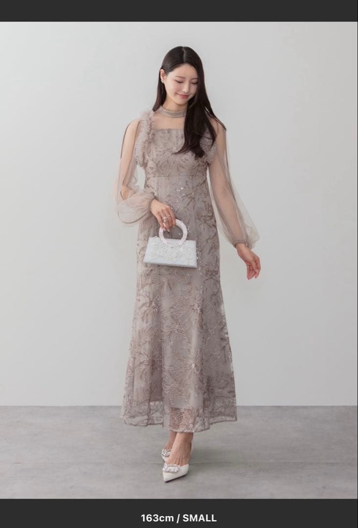 フラワースパンコールチュールフリルロングスリーブマーメイドワンピースドレス