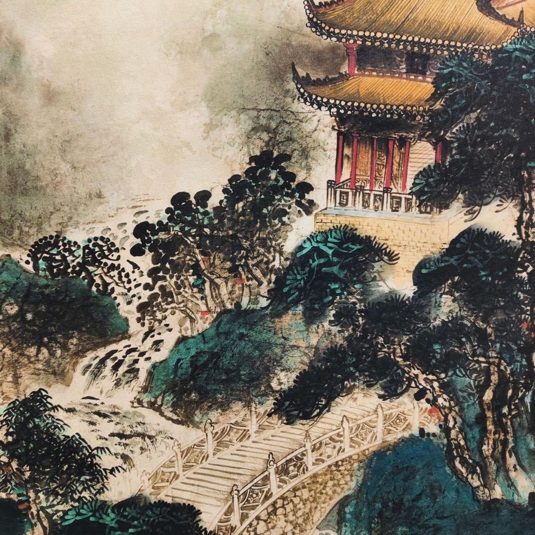 仇英風「仙山楼閣図」四尺中堂 掛軸｜防伪宣紙・表装済｜中国山水画