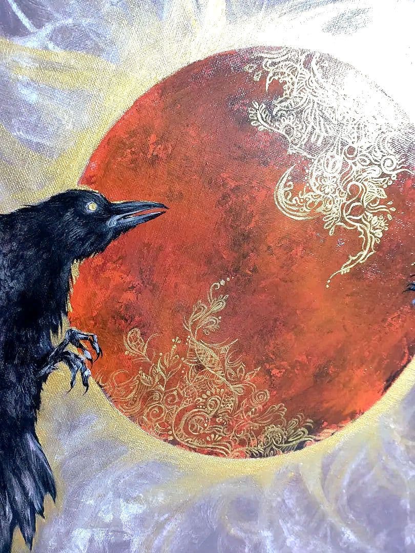 カラスの油絵◆1点物絵画◆アイヌ模様/パワーアート/真作/作者サイン入り