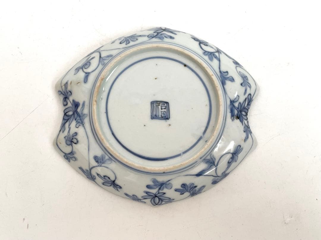 骨董 アンティーク 古伊万里 菱形 染付 逆唐草文様 変形皿 小皿 角福