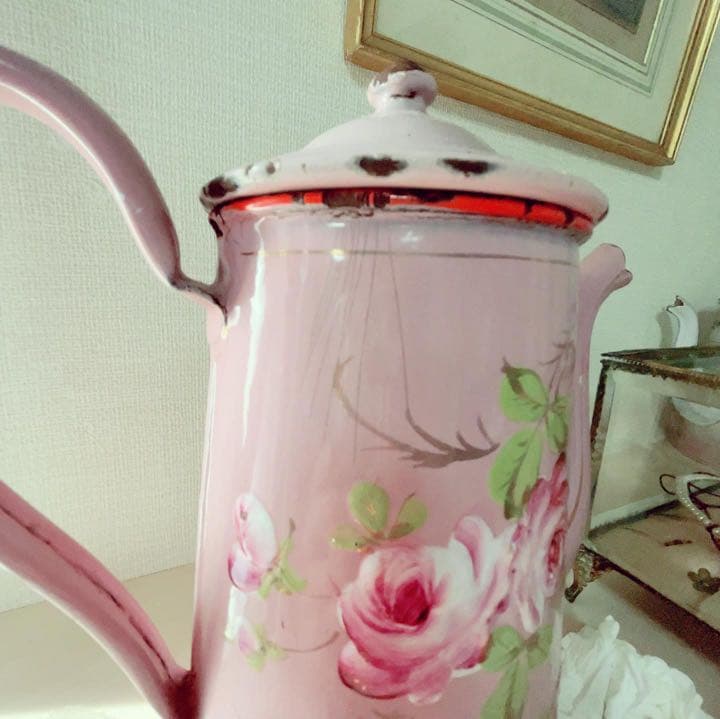 値下 フランスアンティーク ローズペイントの美しいピンクのホーロー