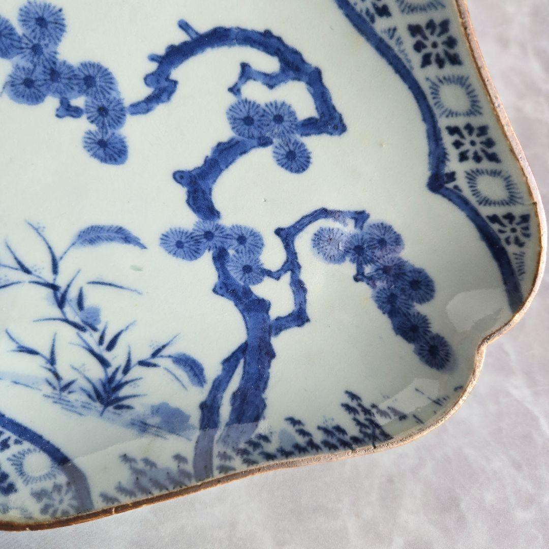 古伊万里 型紙摺 隅入菱皿 江戸時代 染付 変形皿 金直し