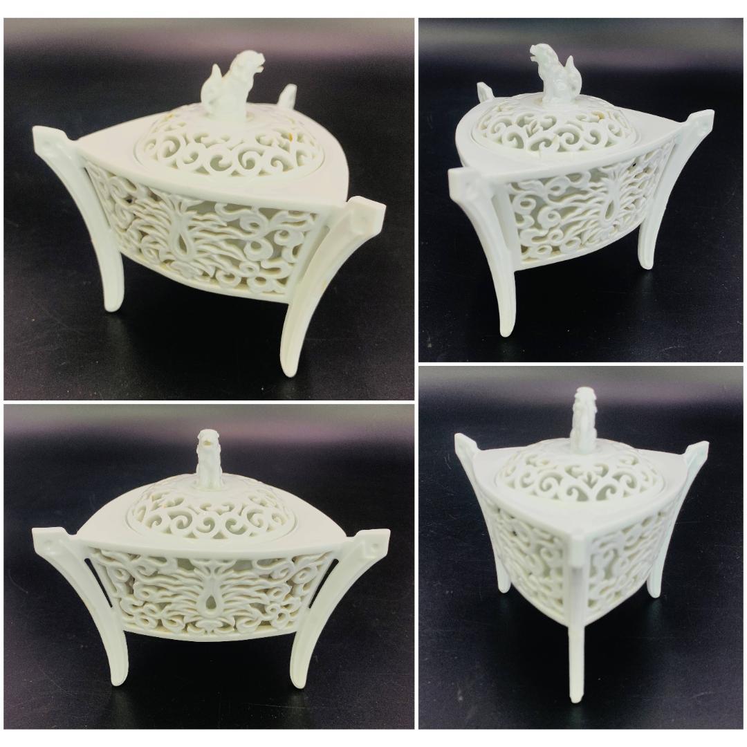 白磁 透かし彫 香炉　一壺造　三足・獅子摘み　共箱　H12.5×W13.5cm