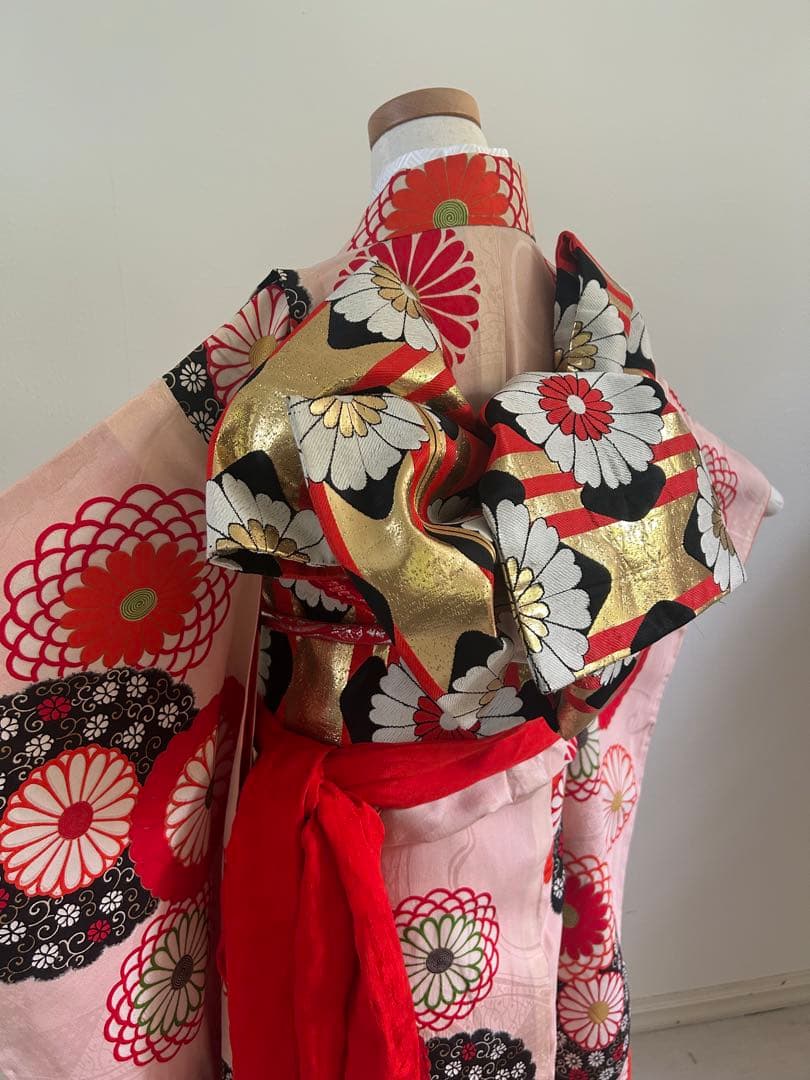 7歳　七五三　ハーフ成人式　アンティーク正絹着物、帯、帯揚げ、帯締め　しごき