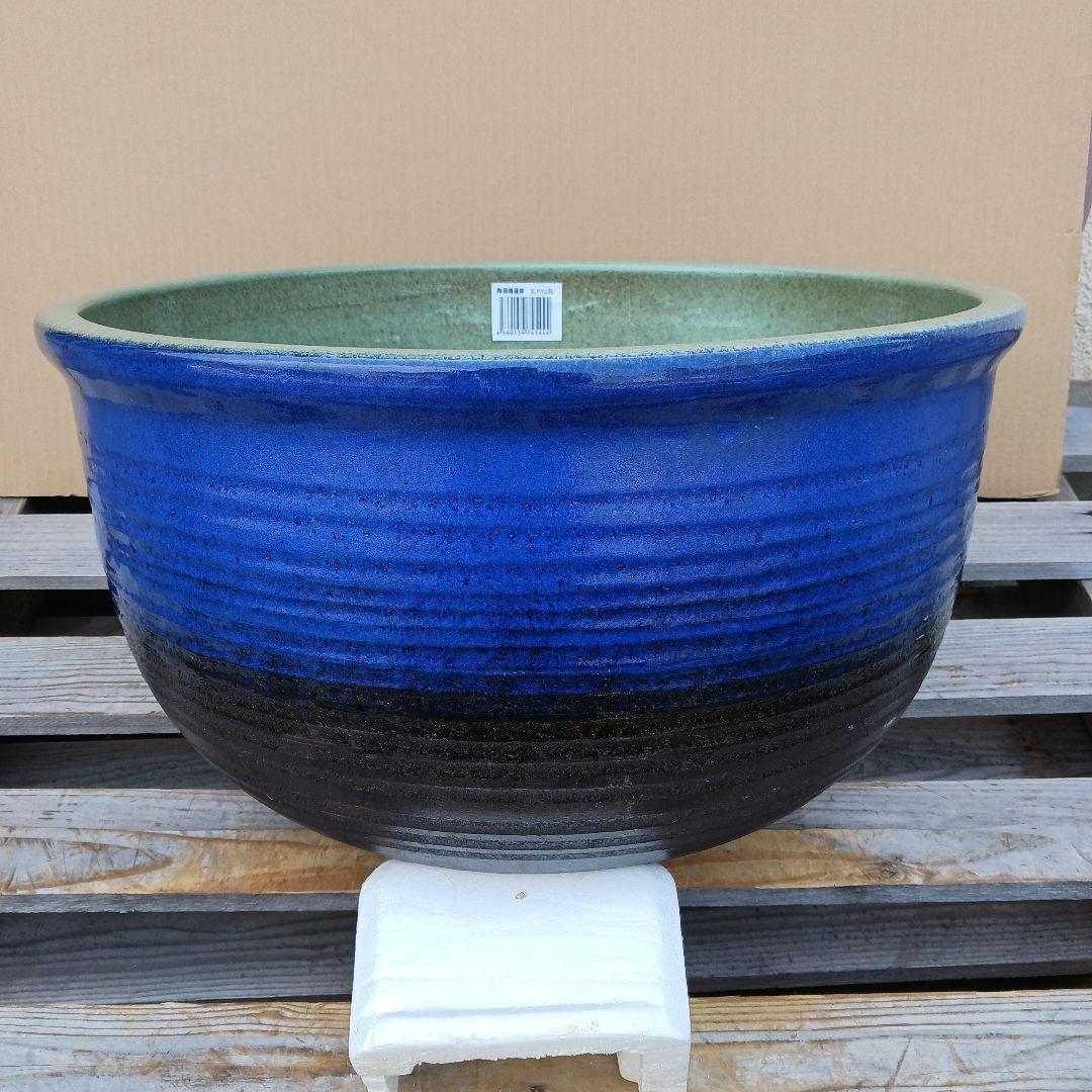 新品 特大 ∅50 陶器 睡蓮鉢 メダカ鉢 ヒスイグリーン 手造 青＆緑