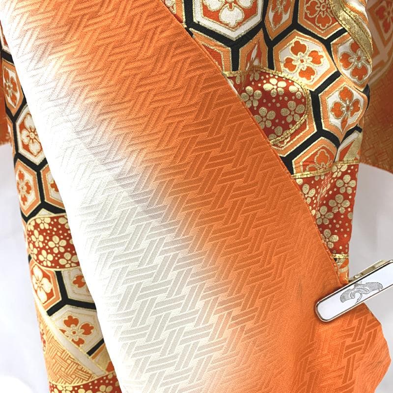 408ag3□七五三 七歳 女児 着物&袋帯 金駒刺繍 霞 青海波文□美品