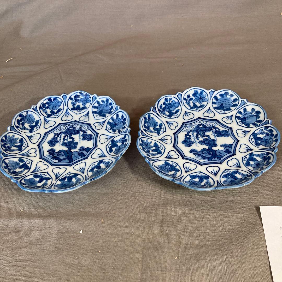 源右衛門】古伊万里の伝統 日本の名窯 舘林源右衛門作 染付輪花文 皿二