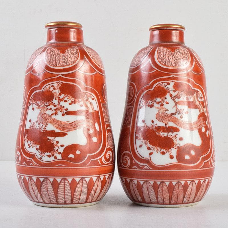 九谷焼 古九谷 赤絵 花鳥文 徳利 在銘 一對 時代箱付 V R9270