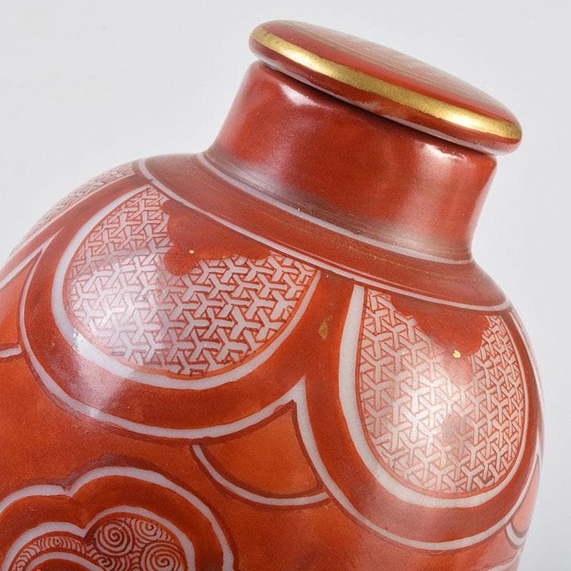 九谷焼　古九谷　赤絵　花鳥文　徳利　在銘　一對　時代箱付　V　R9270