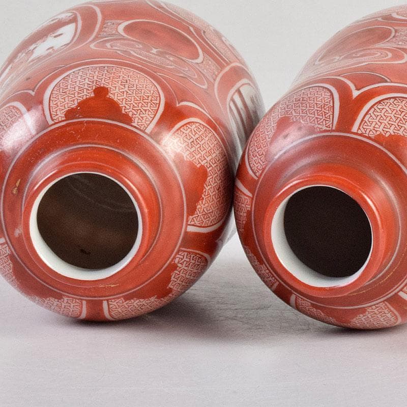 九谷焼　古九谷　赤絵　花鳥文　徳利　在銘　一對　時代箱付　V　R9270