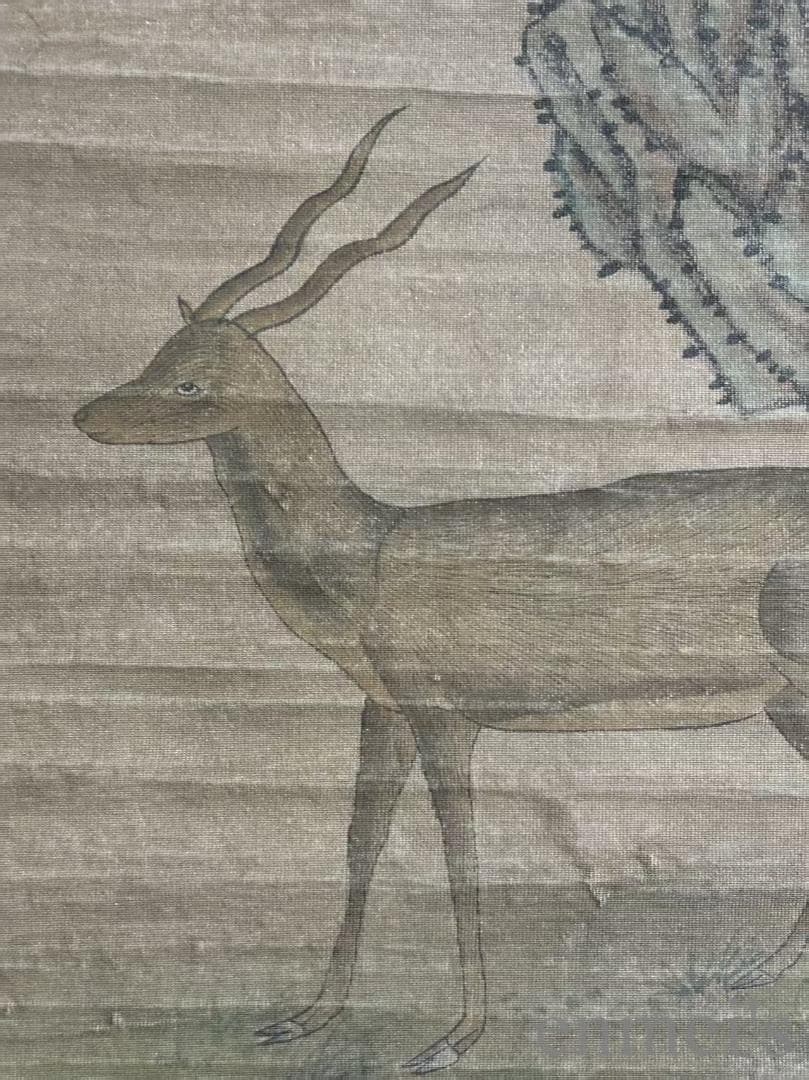 中国古美術 郎世寧款 松鹿図 絹本画 三尺 純手描き 肉筆 掛け軸 絵画