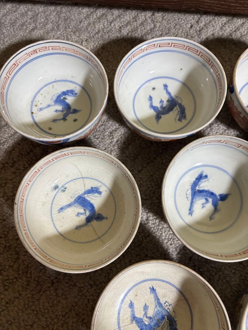 古伊万里色絵金彩蓋茶碗 江戸〜明治期 蓋付き御茶碗 麒麟 銘あり 染付