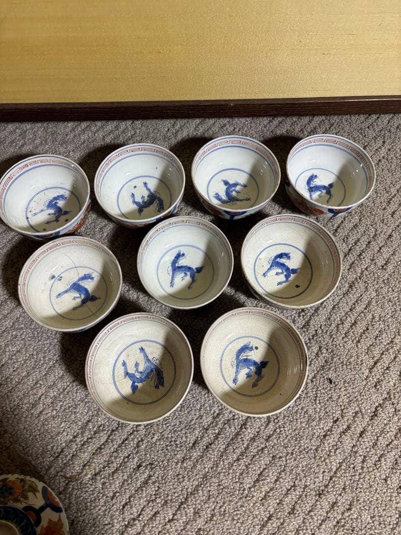 古伊万里色絵金彩蓋茶碗 江戸〜明治期 蓋付き御茶碗 麒麟 銘あり 染付