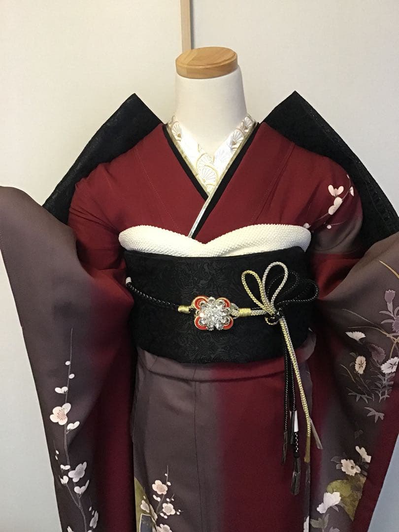 振袖セット 赤 エンジ 牡丹花 金彩 振袖6点セット 正絹 成人式 卒業式