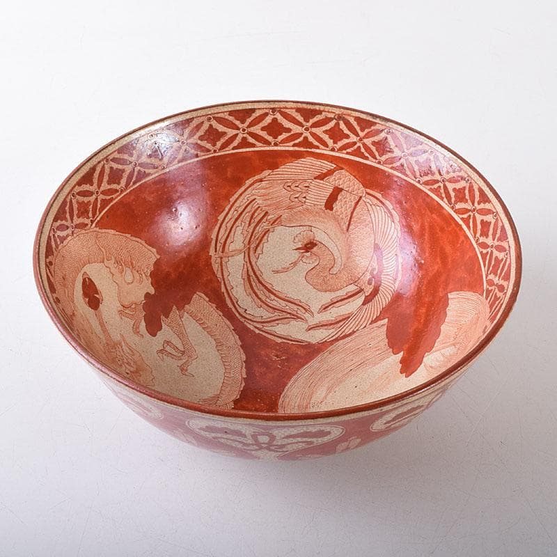 九谷焼 古九谷 八郎手 赤絵 神獣文 鉢 時代箱 M R8749 九谷焼 古