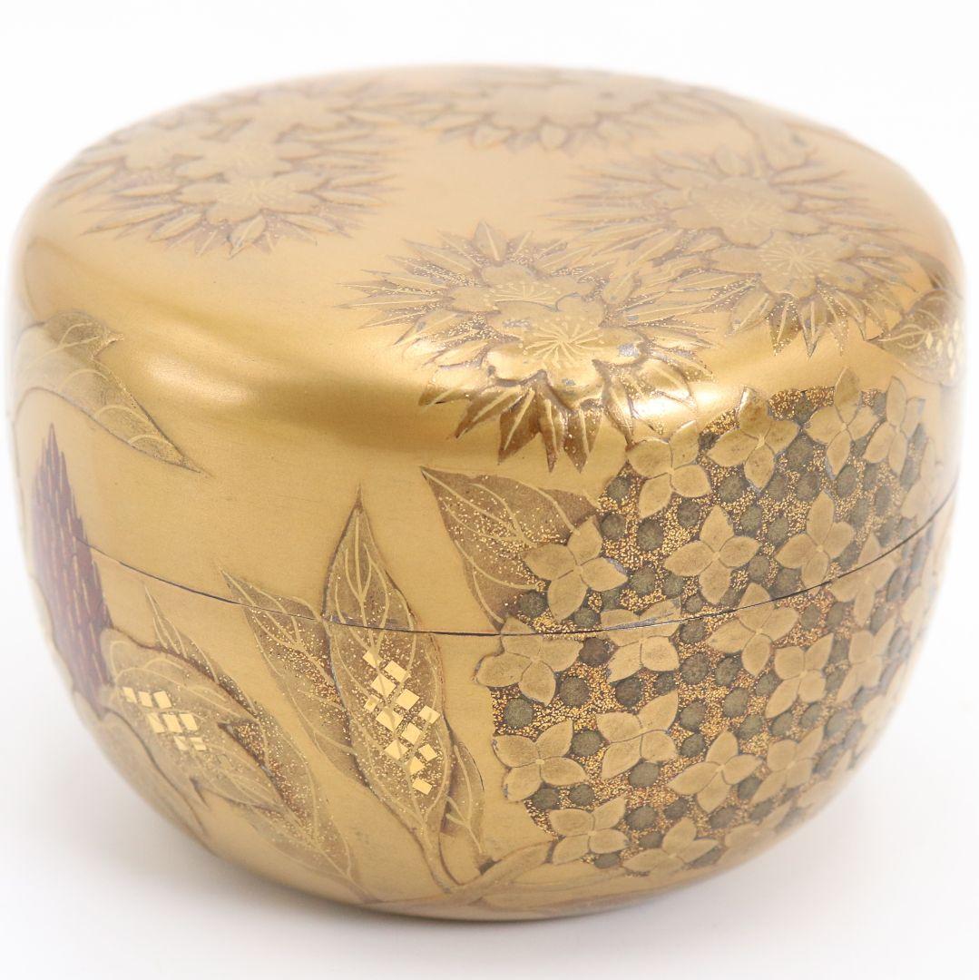 久世宗春作 四季草花 金蒔絵 平棗 内金塗 梨子地 茶道具 共箱