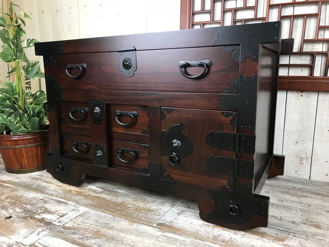 民芸家具からくり車タンス L木製桐材天然無垢飾り棚収納チェスト箪笥