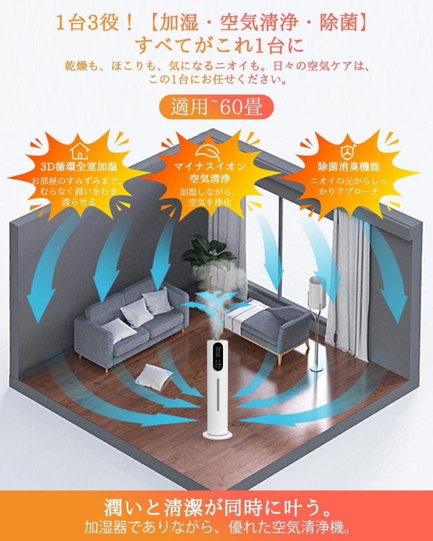 大人気❣️ 加湿器 7.5L 大容量 保湿 4重除菌净化清潔