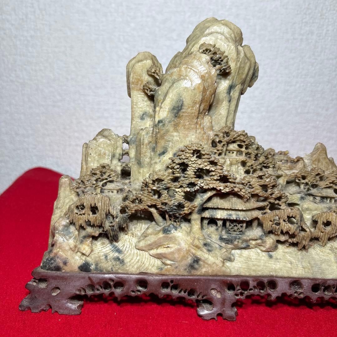 中国美術　寿山石　楼閣山水　置物　床飾　彫刻　4.45kg