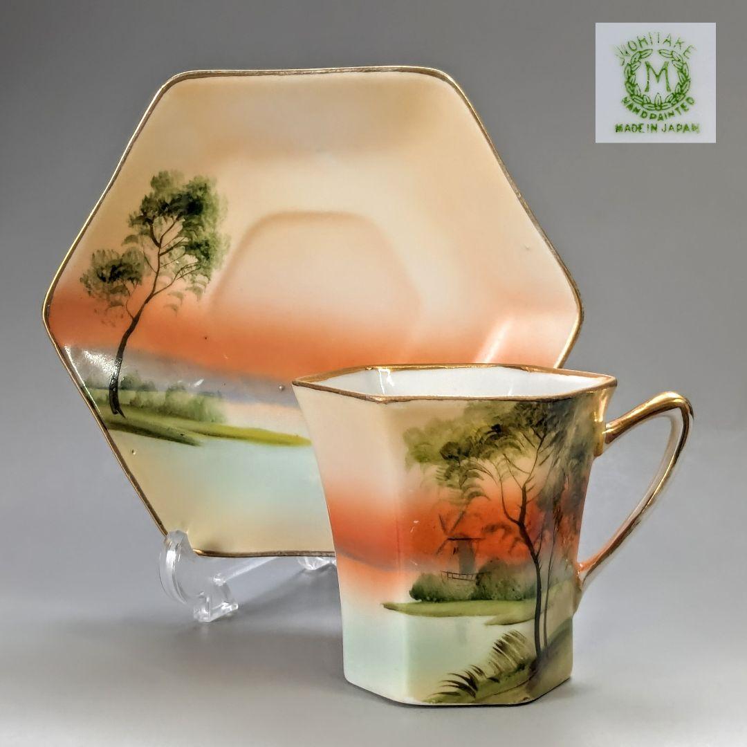 オールドノリタケ 金彩湖畔風景図 六角形ヘキサゴン キャビネット