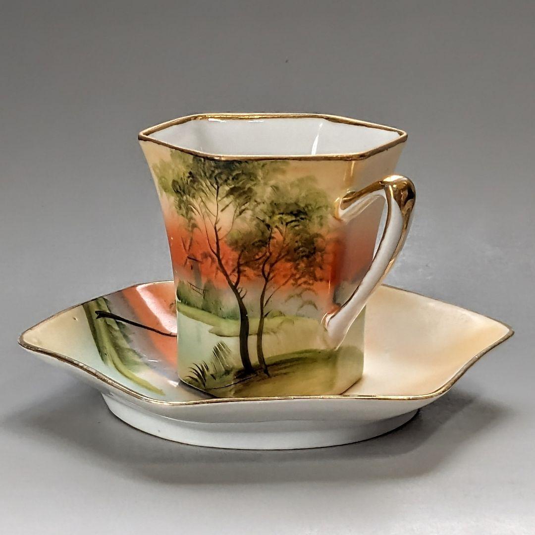 オールドノリタケ 金彩湖畔風景図 六角形ヘキサゴン キャビネット