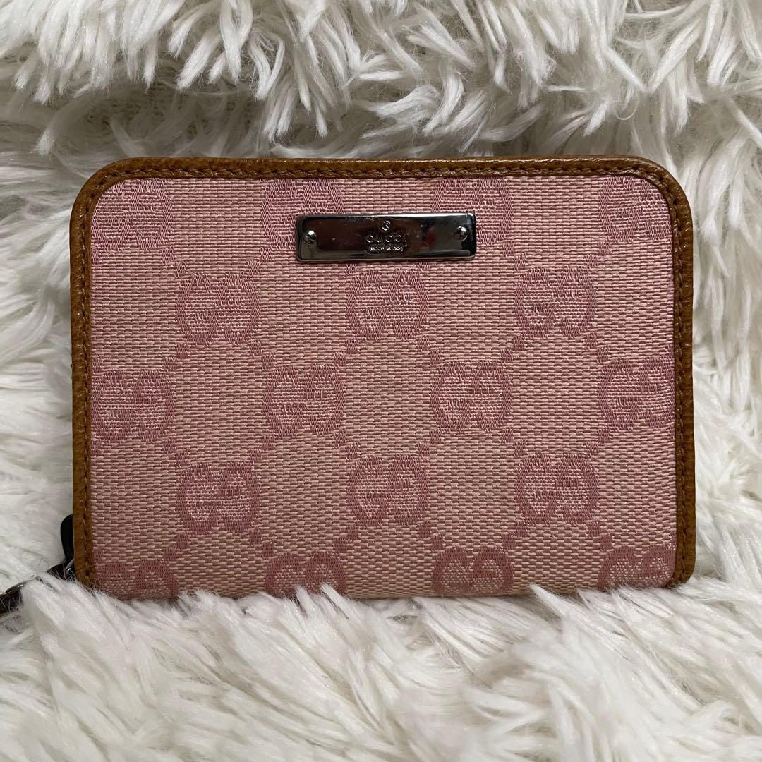 美品 GUCCI シマ　GG 　カード　ケース　ラウンドジップ　ピンク