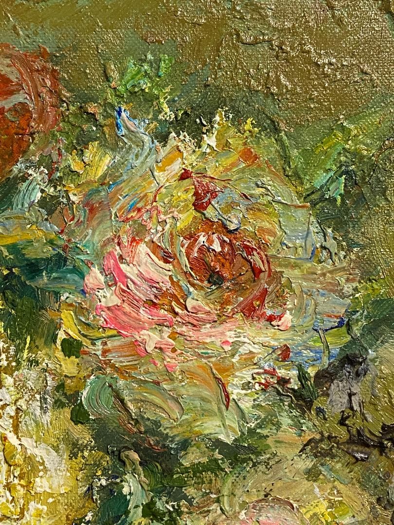 「真作」作者不明「バラ」静物画　油彩画　額装　サイン有り　F10号