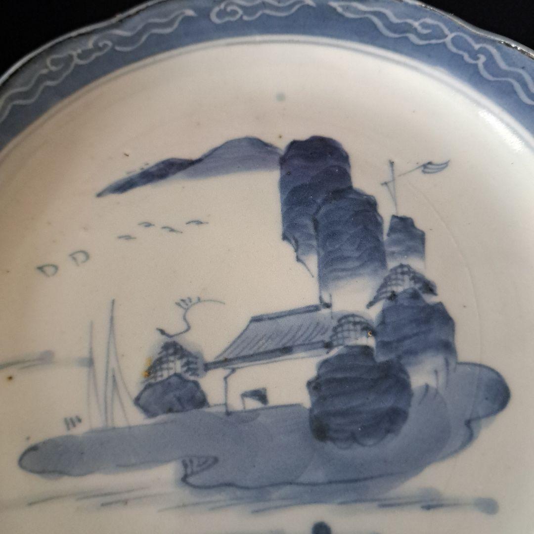 「青と白のコントラスト！ 山水画皿(直径18cm)」 古伊万里皿 2客セット 骨