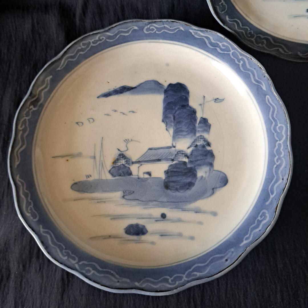 「青と白のコントラスト！ 山水画皿(直径18cm)」 古伊万里皿 2客セット 骨