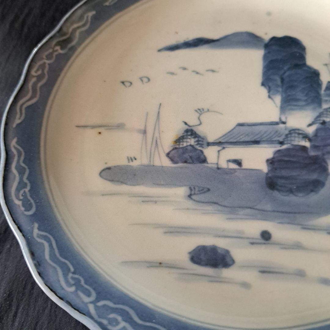 「青と白のコントラスト！ 山水画皿(直径18cm)」 古伊万里皿 2客セット 骨