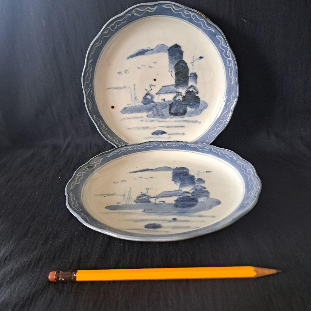 「青と白のコントラスト！ 山水画皿(直径18cm)」 古伊万里皿 2客セット 骨
