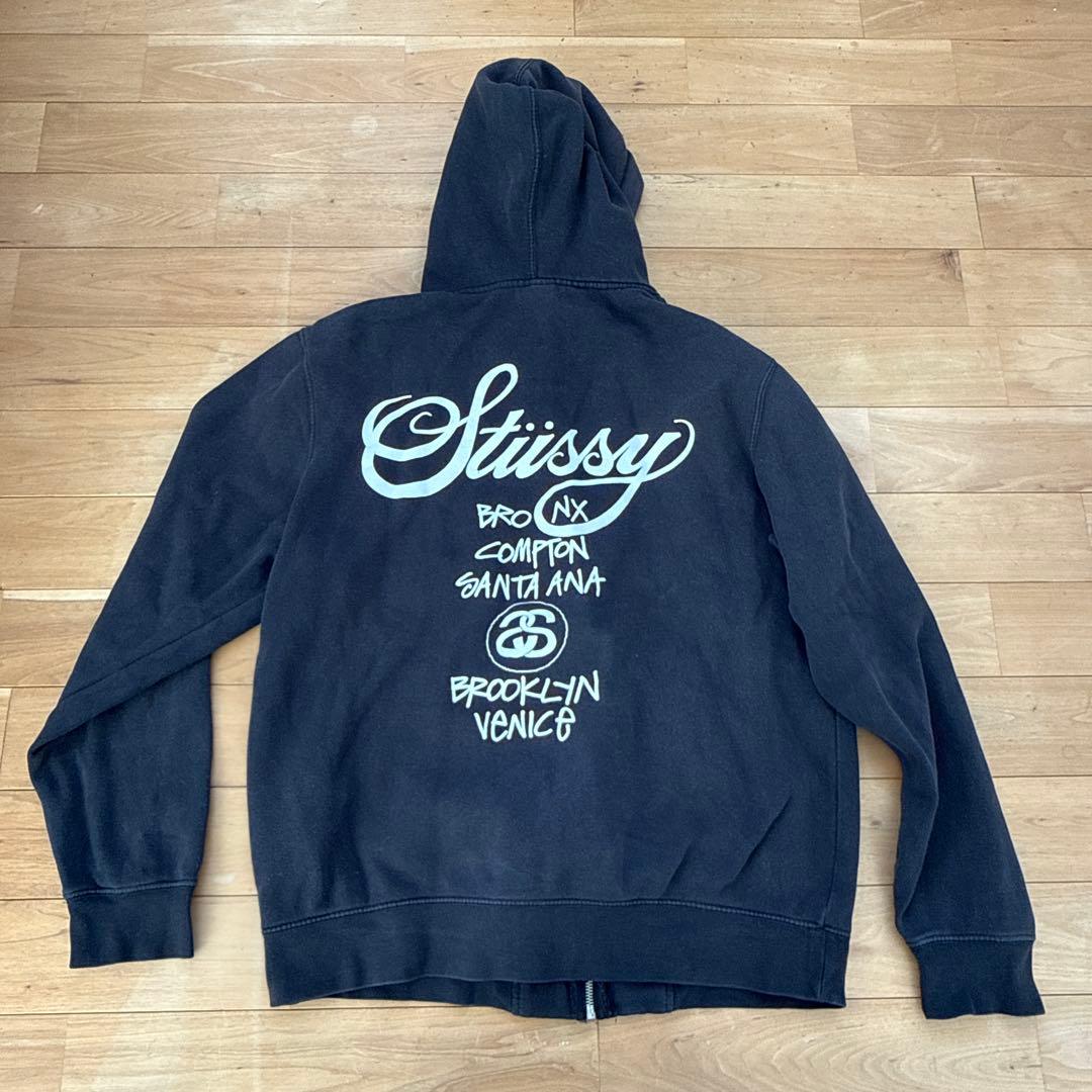 stussy ジップアップパーカー　ワールドツアー　ブラック　L フーディ　黒