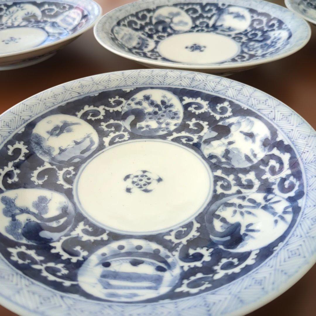 骨董　染め付け　18cm　陶器 中皿　皿　取り皿　窓丸紋　5枚〜