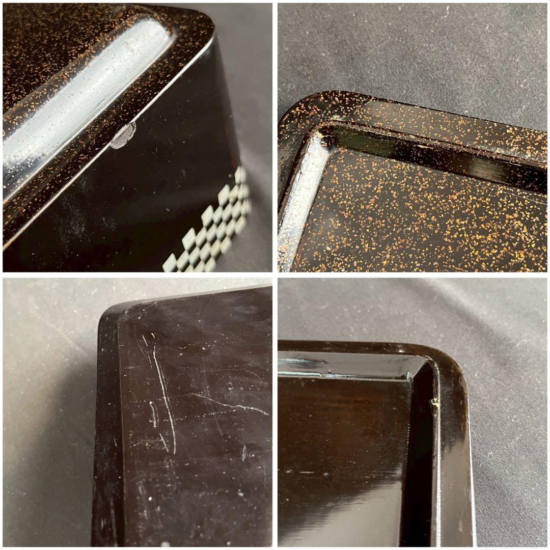 時代漆器 市松蒔絵 黒塗 内梨地 五段重箱 二枚蓋 合蓋三枚付 共箱 / 輪島塗
