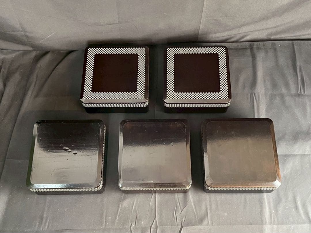 時代漆器 市松蒔絵 黒塗 内梨地 五段重箱 二枚蓋 合蓋三枚付 共箱 / 輪島塗