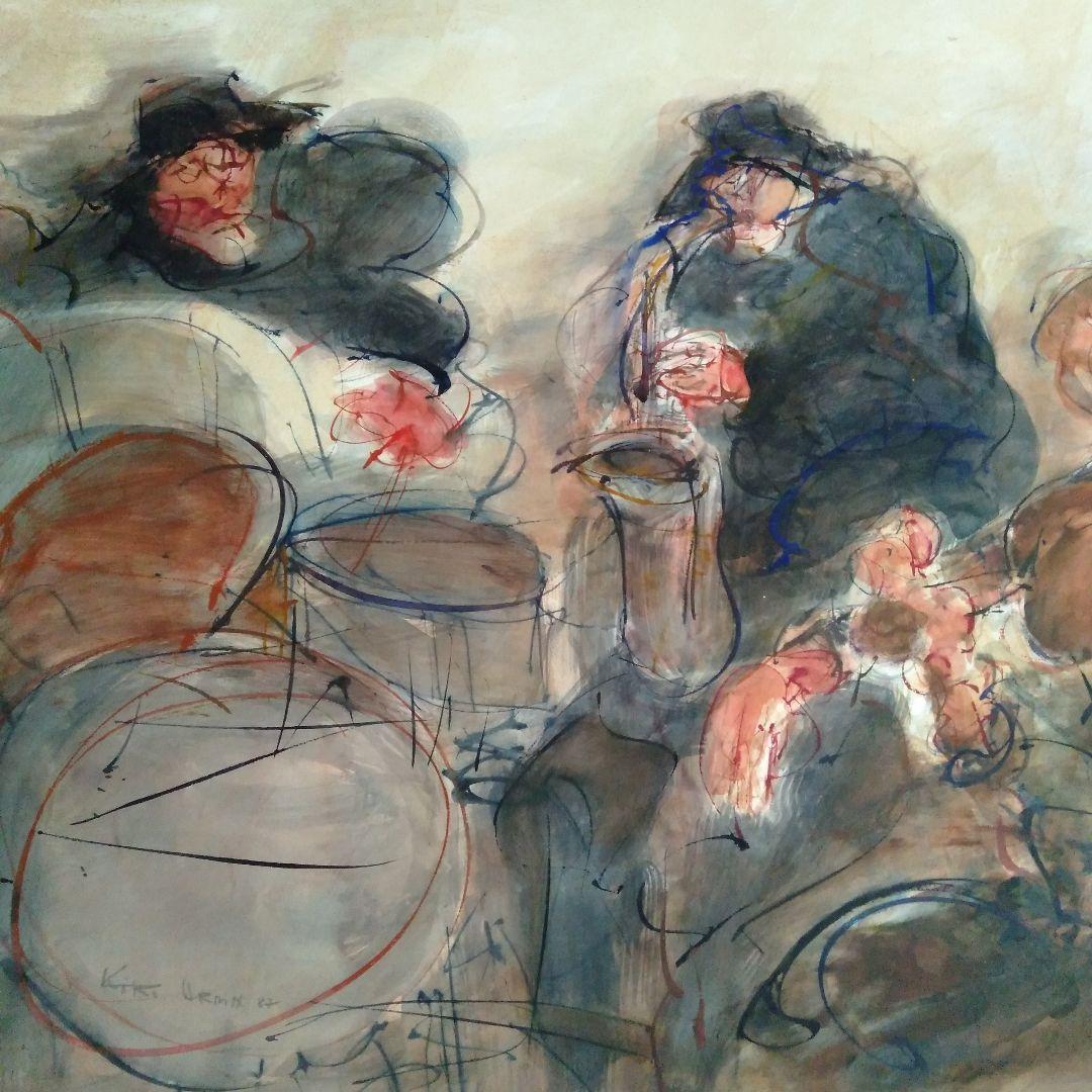 ロシア人作家の水彩画A　人物と楽器の絵