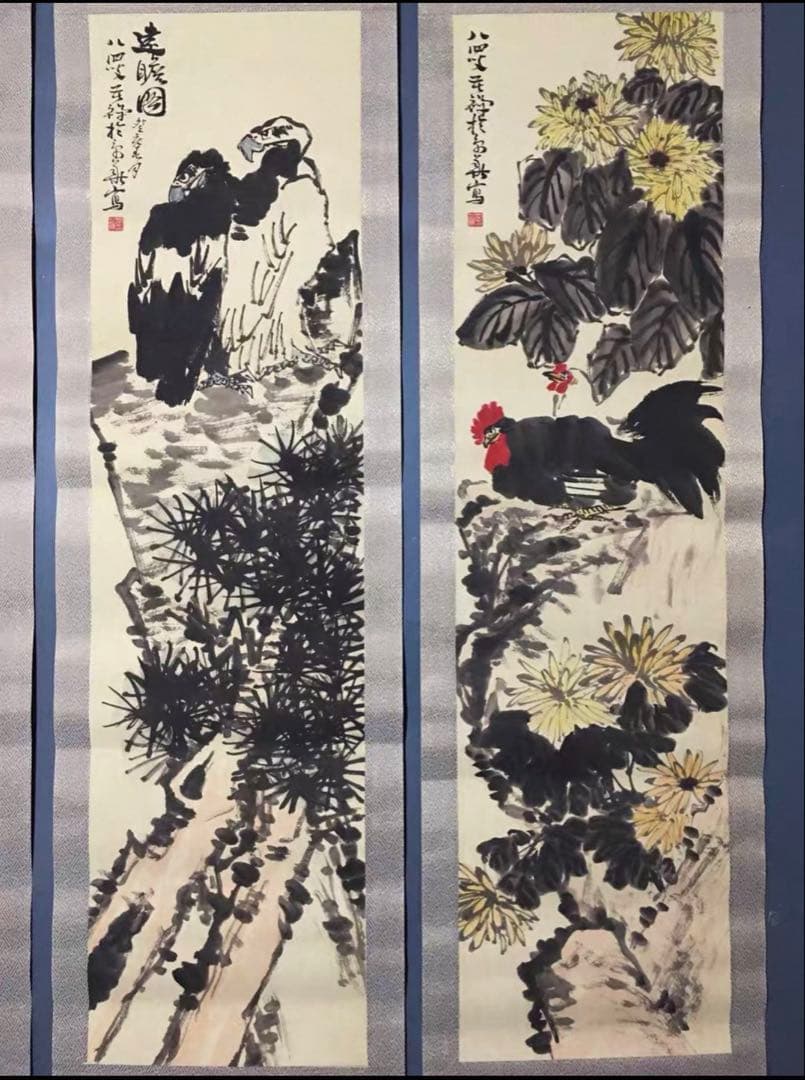 四条屏掛軸】李苦禅 花鳥画セット 宣紙／鑑賞用作品 和室・客間装飾に最適