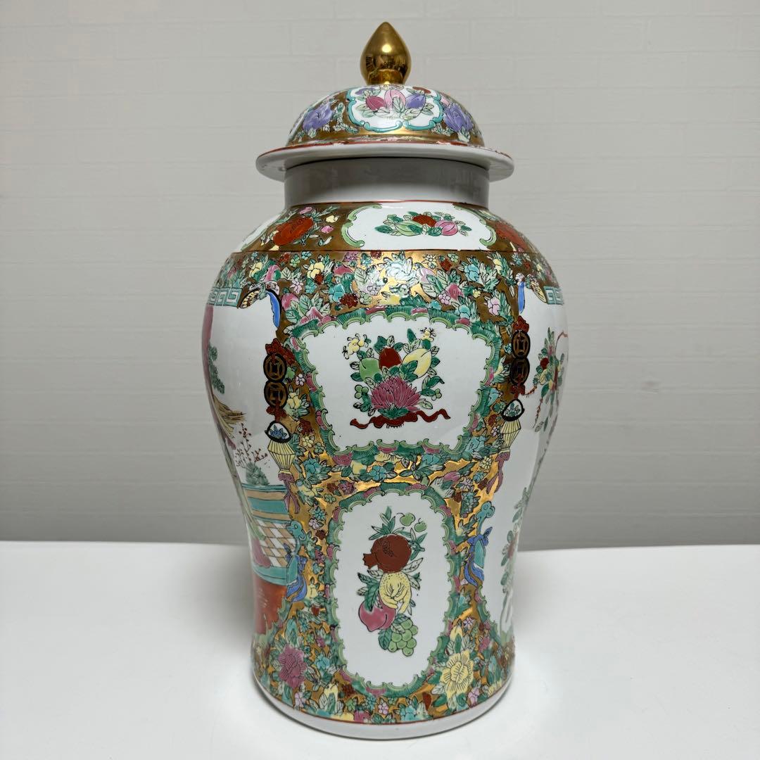 中国美術 蓋付花瓶 花器 飾り壺 壷 宮廷人物図 花鳥図 陶器 磁器 金