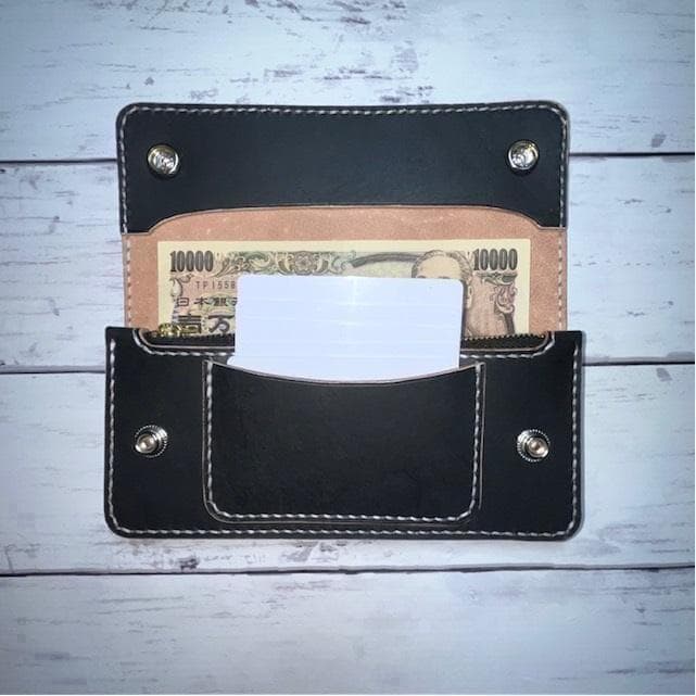 まーくん ロングトラッカーウォレット/姫路レザー茶芯黒色/ステッチ白色