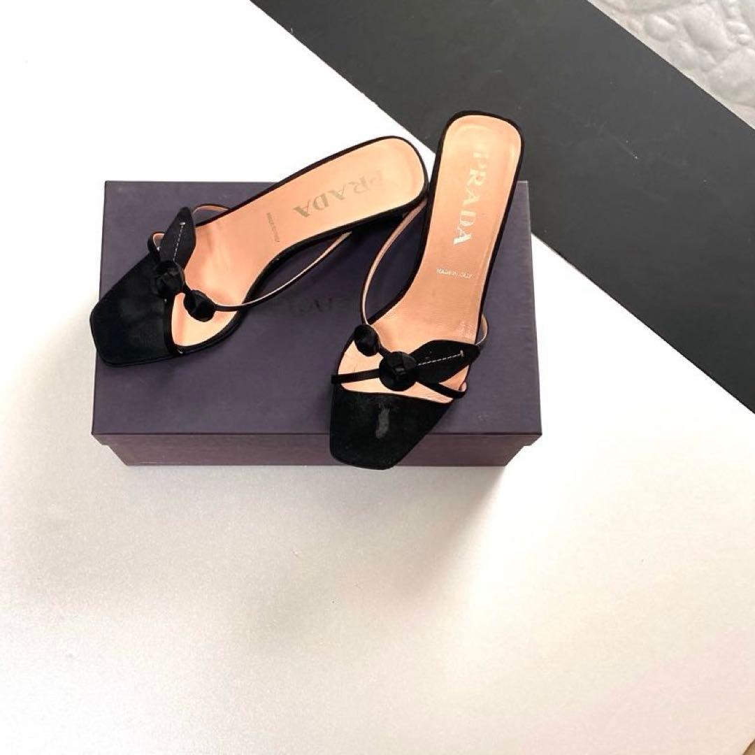 PRADA プラダ　サンダル　23.5 ミュール　黒　バラ　お花モチーフ　37