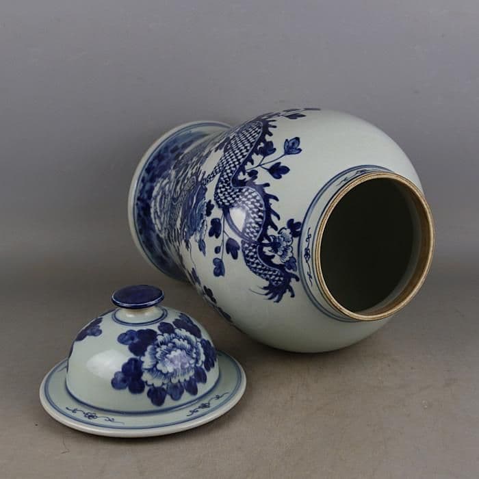清康煕青花竜着牡丹紋将軍缶 景徳鎮 陶磁器 装飾品 現代工芸品 美術品
