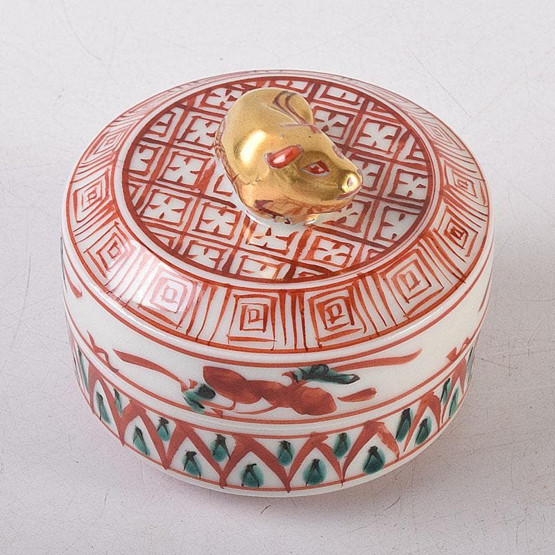 茶道具 京焼 平安 高野昭阿弥造 赤絵金彩 干支丑香合 共箱 V